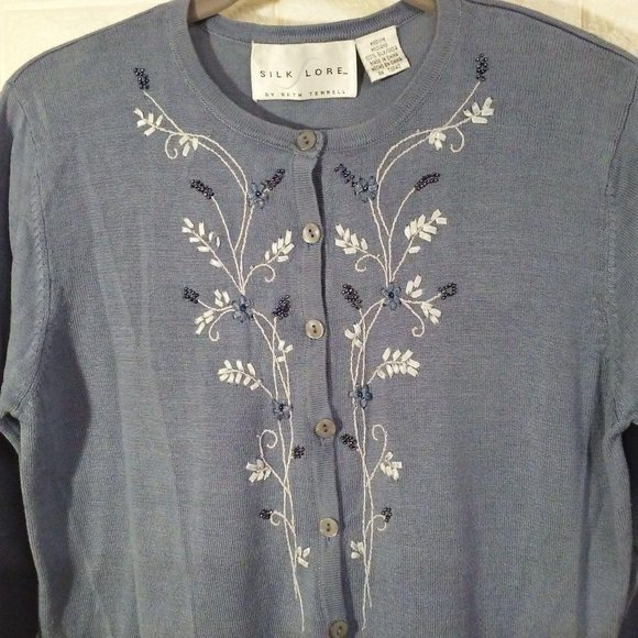 SILK LORE Cardigan Floral Bead Embellished Sz-M - Picture 3 of 11